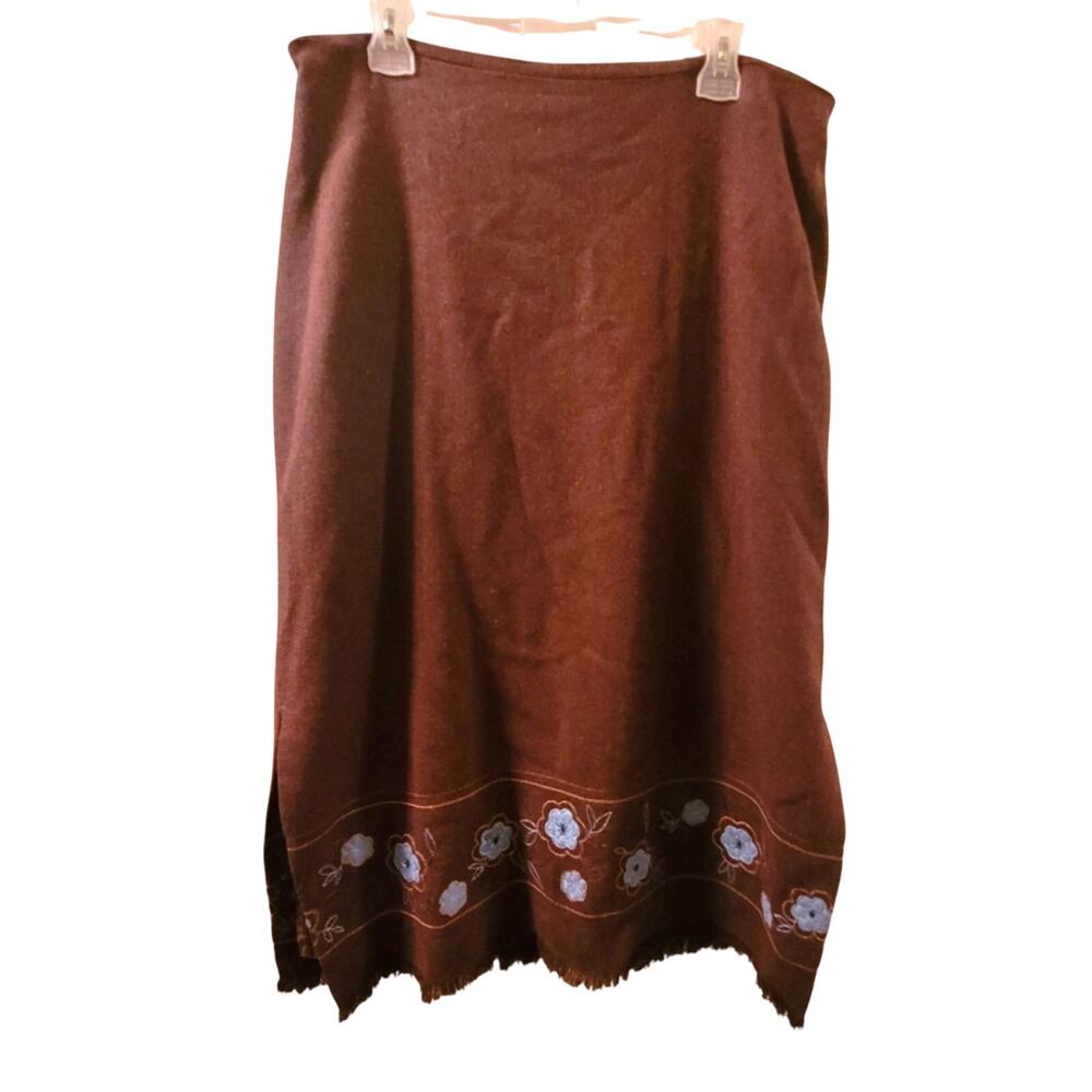 Vintage Wool Blend Floral Embroidered Maxi Skirt Brown W/Powder Blue Flowers 14W